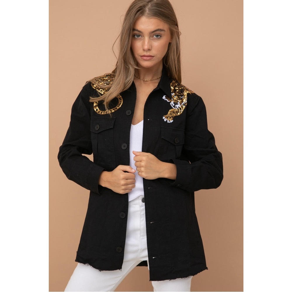 Blue B Sequin Tiger Shoulder Jacket Women Small Black Utility Shacket Boutique